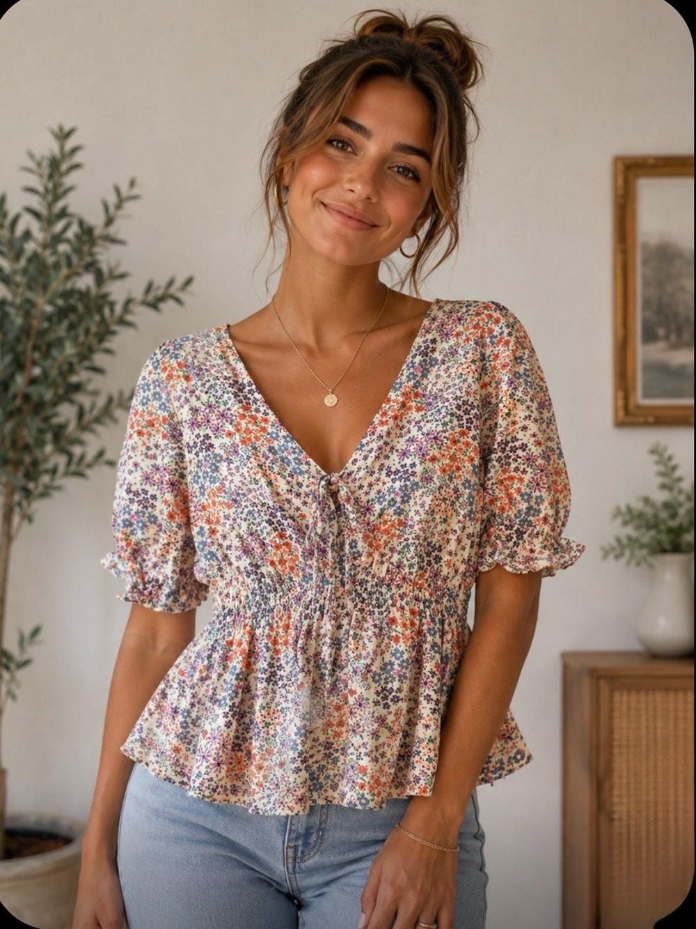 Papaya Floral Peplum Blouse Smocked V-Neck Top 18